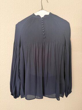NWT Lauren Ralph Lauren Navy Pleated Sheer Blouse Petite XS PXS